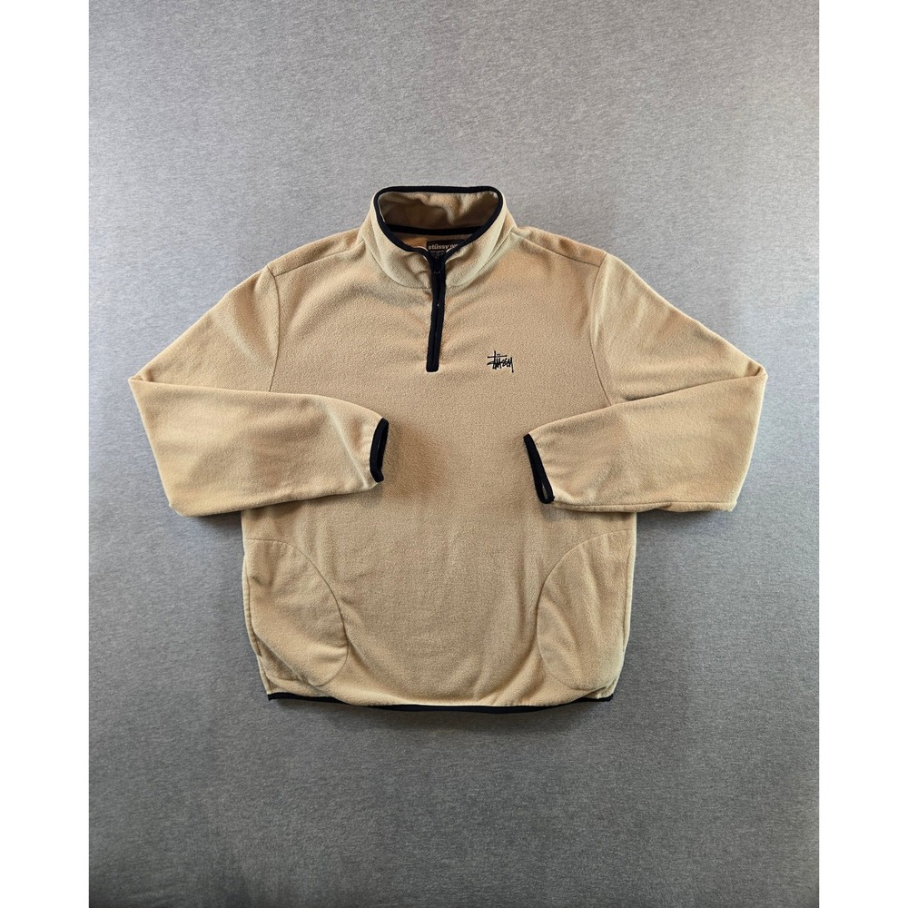 Vintage Stussy Fleece Pullover Mens Large Tan 90s Quarter Zip Embroidered Logo